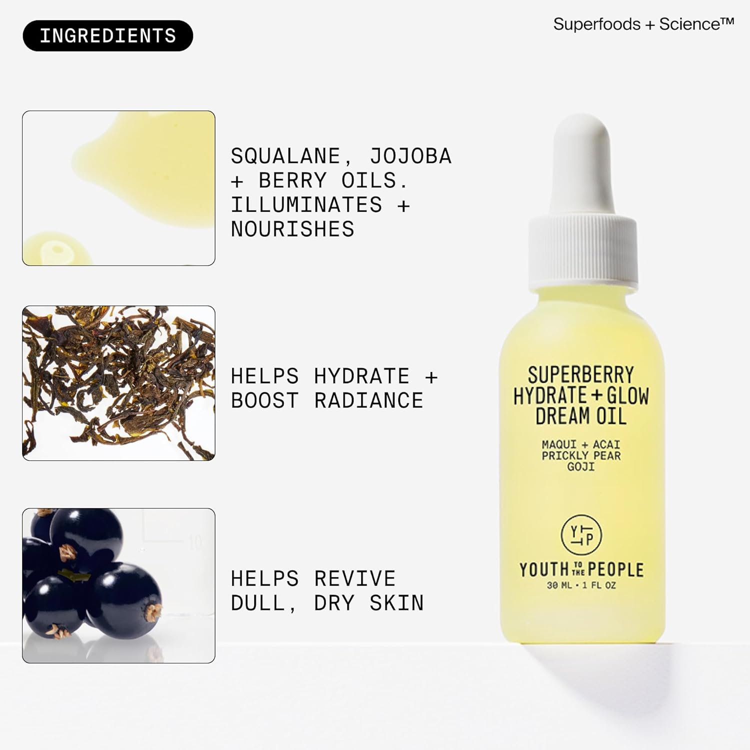 Youth To The People Superberry Glow Dream Face Oil - Revives Dull Skin, Hydrating & Lightweight, 1 fl oz