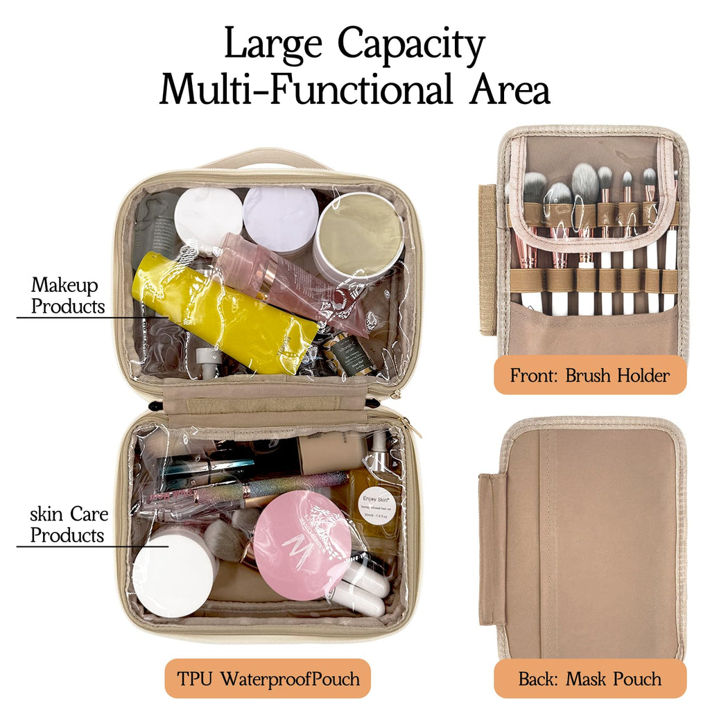 YDR Toiletry Bag with Brush Holder,Travel Makeup Bag Large Capacity Cosmetic Bag Organizer for Women Waterproof Checkered Multi-Compartment Makeup Case