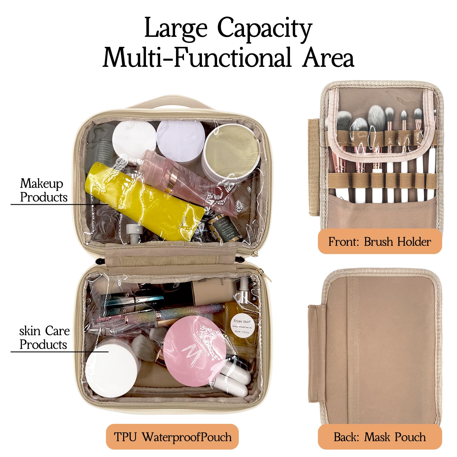 YDR Toiletry Bag with Brush Holder,Travel Makeup Bag Large Capacity Cosmetic Bag Organizer for Women Waterproof Checkered Multi-Compartment Makeup Case