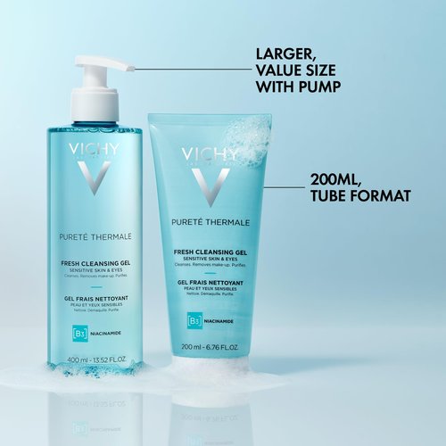 VICHY Pureté Thermale Fresh Cleansing Gel, Formulated With Glycerin & Niacinamide, Gentle Gel Cleanser & Makeup Remover, Removes Impurities Without Overdrying, Safe For Sensitive Skin & Eyes