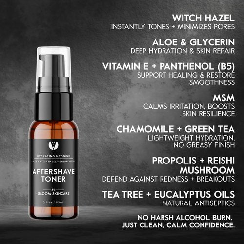 GROOM After Shave Toner for Men | Soothing, Pore-Tightening Formula with Aloe, Sandalwood, Chamomile & Vitamins A+E | Calms & Tones Skin | 2 oz