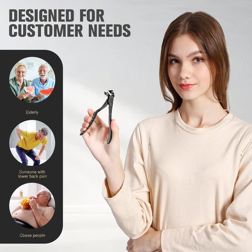 FERYES Ergonomic Non-Slip Long Handle Nail Clippers for Seniors, Unique Angled Head Curve Wide Jaw Opening Toenail Clipper with Catcher for Thick Toenails and Fingernails