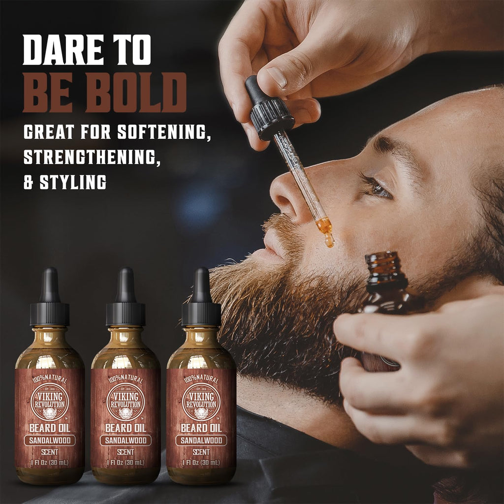 Viking Revolution Sandalwood Beard Oil for Men - Natural Mens Beard Oil with Argan Oil and Jojoba Oil - Beard Softener, Strengthens and Moisturizes - Beard Conditioner for Men (Sandalwood, 3 Pack)