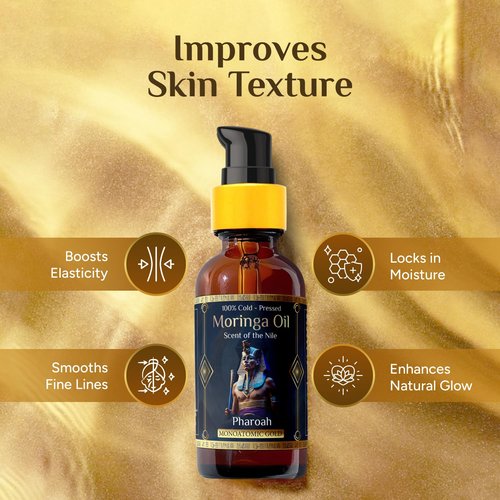Pharoah - Men's 100% Pure Moringa Oil Blended with Leather, and Sweet Tobacco Essential Oils and Infused with Egyptian Ormus Gold for Face, Hair, Nails, Beard, and Tattoos. 2oz. (60 ml)