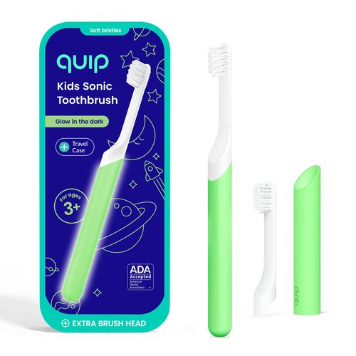 Quip Sonic Toothbrush for Kids with Timer - Includes Extra Brush Head and Travel Cover Mount - Electric, Soft Bristle Refill Head, Plastic Handle, 3 Month Battery Life, Glow in The Dark Green