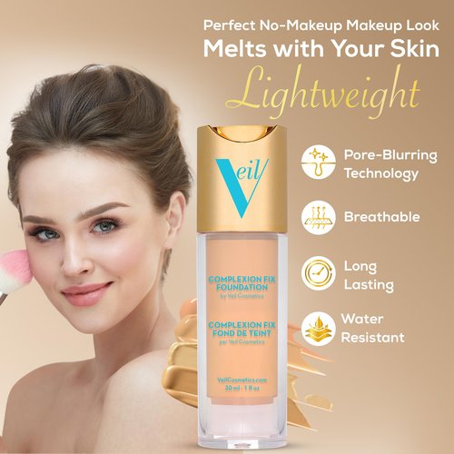 Veil Cosmetics Complexion Fix Liquid Foundation – Hydrating Buildable Coverage – Water-Resistant, Hypoallergenic, Oil-Free, Cruelty-Free & Vegan – Lightweight & Brightening (4N Tan Neural)