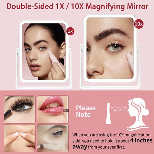 DESCHEN Rechargeable Travel Lighted Makeup Vanity Mirror with Lights and Magnification, Portable 10X/1X Magnifying Led Desk Mirror Makeup with 3 Color Light