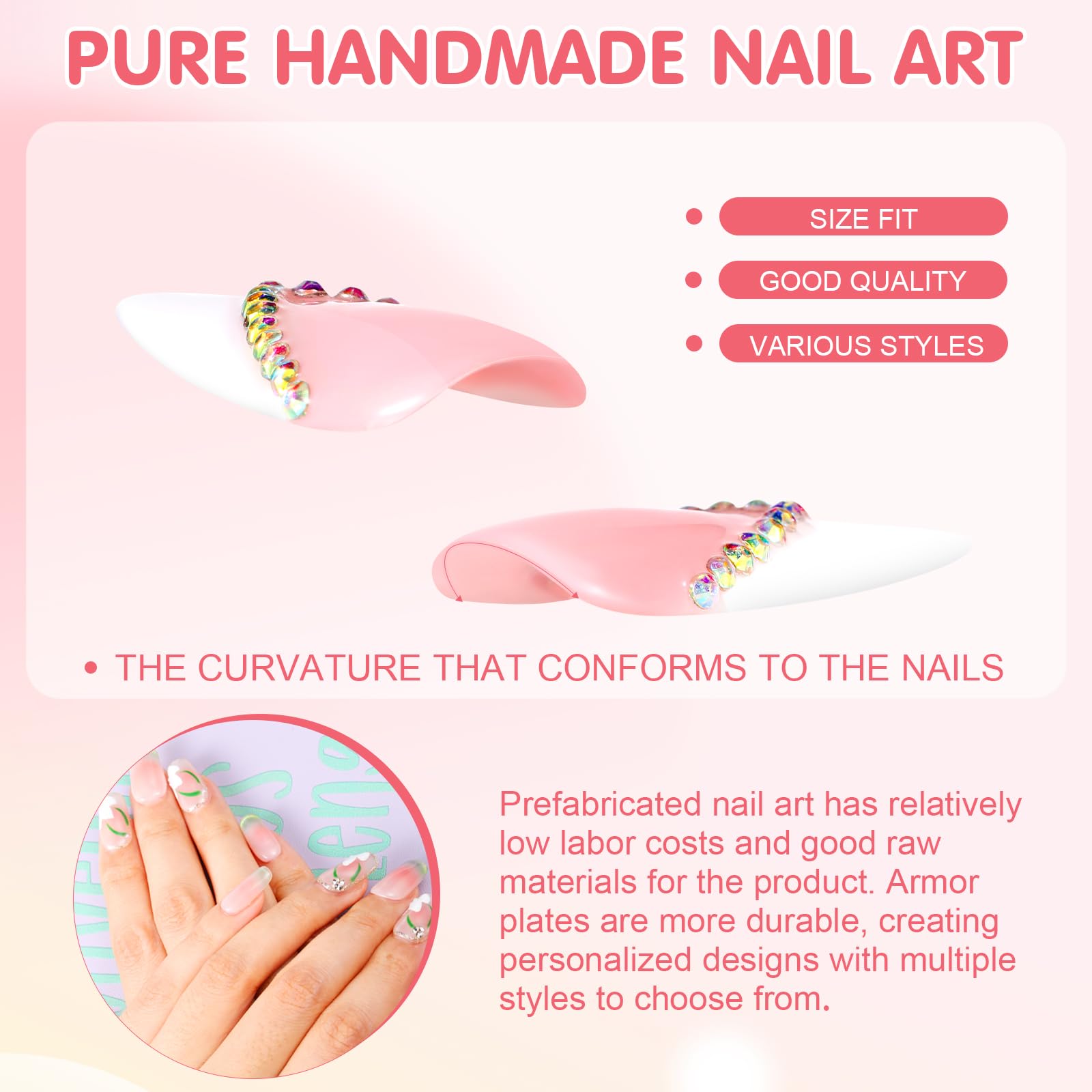 Yabonica Handmade 3D Pink Press On Nails Short Oval - 10Pcs Reusable Acrylic False Nails with Luxury GeL Cat Eye & Charms Salon Design (054P, L)