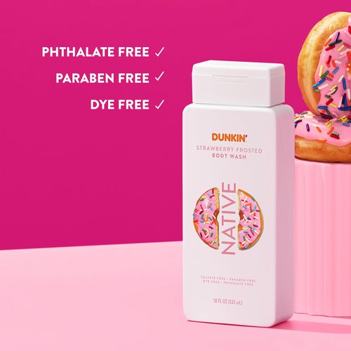 Native Body Wash, Dunkin Stawberry Frosted, Contains Naturally Derived Ingredients | For Women & Men, Sulfate, Paraben, & Dye Free Leaving Skin Soft and Hydrated | 18 oz