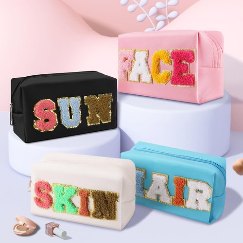 LYOOmaLL 4 Pcs Chenille Letter Preppy Patches Makeup Bag with Zipper PU Leather Waterproof Stoney Clover Makeup Bag Hair Skin Face Stuff Bag for Women, Girls