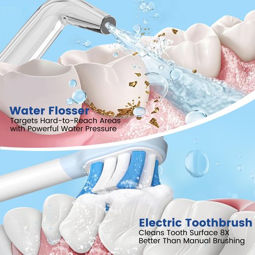 Cordless Water Flosser with Electric Toothbrush Combo and Freshening Refilled Tabs —Dual 5 Modes Rechargeable Oral Care for Braces, Teeth Cleaning, IPX7 Waterproof for Travel and Home Use