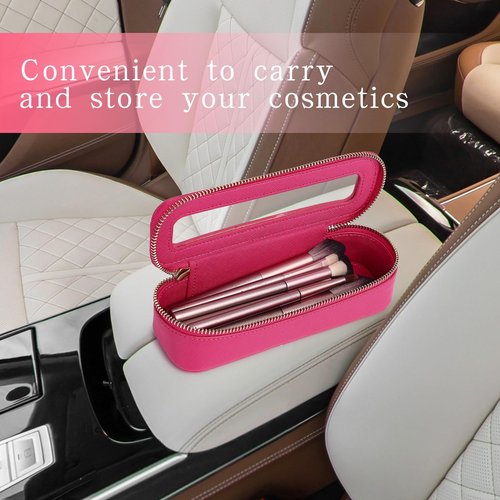 Pinkmik Makeup Brush Case Clear Travel Cosmetic & Toiletry Bag Slim Makeup Bag with Zipper Small Purse Organizer Car Essential Bag for Women (X/Fuxia, SLIM-3)