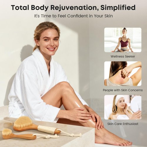 eaxun Bamboo Dry Brushing Set with Body and Face Brush, Dry Scrub Brush with Exfoliating Natural Boar Bristle for Lymphatic Drainage, Cellulite Reduction, Blood Circulation and Glowing Skin, 2 Pack