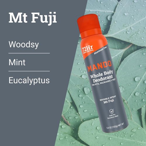 Mando Whole Body Deodorant For Men - Invisible Spray - 72-Hour Odor Control - Aluminum & Benzene Free - 3.6 oz Cans (Pack of 2) - Mt Fuji