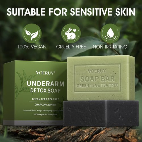 Underarm Detox Soap, 2 Pcs Armpit Detox Soap with Green Tea & Tea Tree, Charcoal & Mint for Eliminating Odor, Exfoliating, Moisturizing , Bar Soap for Legs, Knee, Feet, Hands Whole Body - 10 oz（280g）
