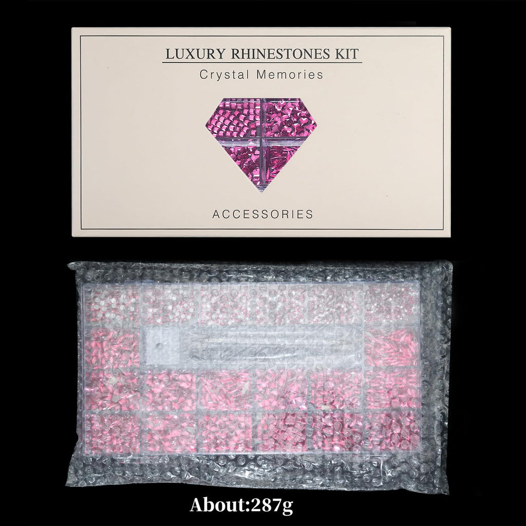 Yzzseven 14 Types of 700 Rose Pink Diamonds + 2100 Flat Rhinestones Mix 20 Styles Flatback DIY Crafts Rhinestone Crystals 3D Ornament‌s Flat Back Stones Set + Tweezers + Drill Pen