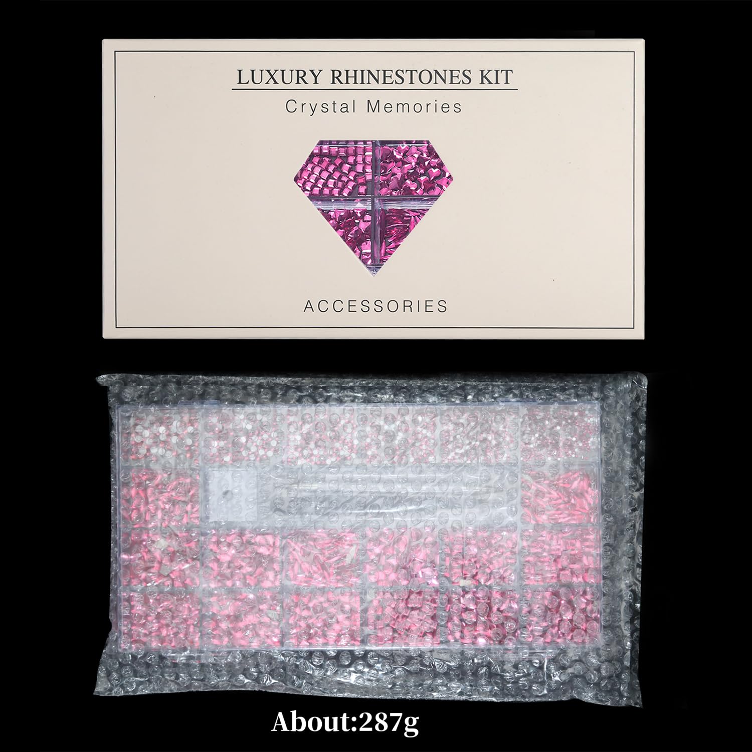 Yzzseven 14 Types of 700 Rose Pink Diamonds + 2100 Flat Rhinestones Mix 20 Styles Flatback DIY Crafts Rhinestone Crystals 3D Ornament‌s Flat Back Stones Set + Tweezers + Drill Pen