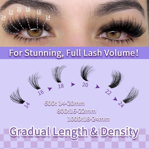 Lash Extension Kit 14-24mm Lash Clusters Kit 60D+80D+100D Thick Volume Eyelash Extension Kit D Curly DIY Individual Lashes 3 Style Lashes with Waterproof Lash Bond and Seal and Tweezers