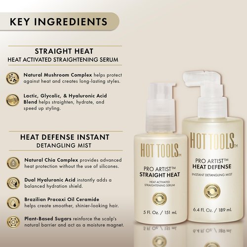 HOT TOOLS™ Pro Artist Heat Defense Instant Detangling Mist and Straight Heat, Heat Activated Straightening Serum | Protect and Straighten