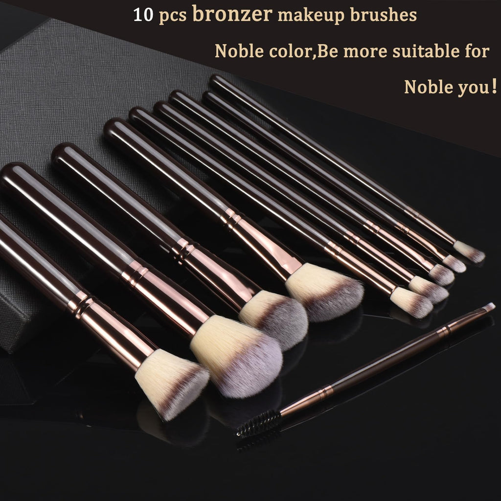 YJ-Anyue 10 Piece Black brown Makeup Brushes - Wooden Handle with Soft Synthetic Bristles,for Face & Eye Makeup|Professional Makeup Brushes set for Women & Girls|