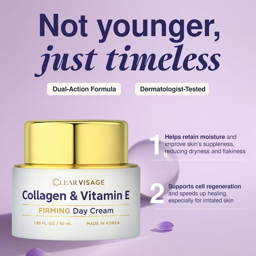 Clear Visage Collagen & Vitamin E Face Moisturizer - Dermatologist Tested, Anti Aging, Korean Skin Care - Hydrates, Strengthens Moisture Barrier, Smooth Makeup - Vegan, Clean Beauty - 1.69 Fl Oz