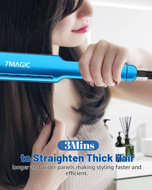 7MAGIC Nano Titanium Wide Flat Iron - Fast Heating 15s for Thick Hair | Smooth & Sleek Results, Blue