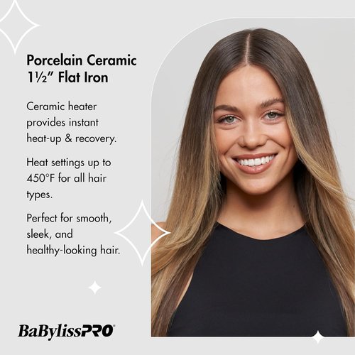 BaBylissPRO Porcelain Flat Iron | Professional Hair Straightener for All Hair Types - Salon Quality Results
