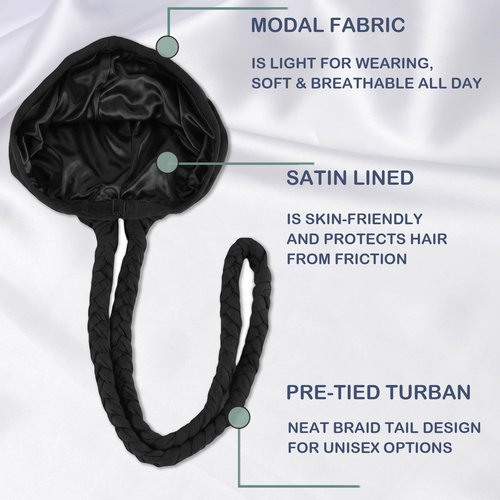 Babalet Halo Turban for Men Women Satin Lined Durag Skull Cap Pre-Tied Handmade Braids Tail Beanie Sleeping Bonnet,Black