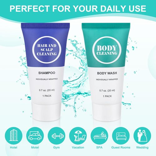 Skiennix Travel Size Shampoo & Body Wash Set - 60 Pack Mini Toiletries for Men & Women | 0.7 oz Each