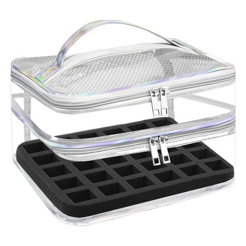 Beloving Nail Polish Organizer, Clear Double Tier Nail Storage Organizer Case Holds 30 Bottles, Portable PVC Nail Tech Bag with Dividers, Nail Polish Supplies Travel Case for Display