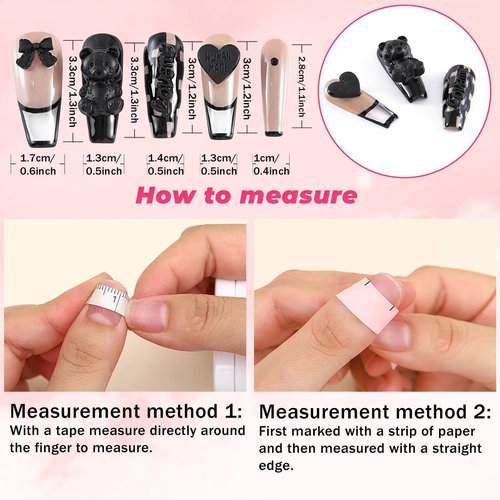 Sethexy French Long Coffin False Nails Handmade Glossy Acrylic Luxury Fake Nails 3D Black Bow Love Heart Bear Press On Nails Checkerboard Salon Quality Nail Removable for Women and Girls 10Pcs（U）
