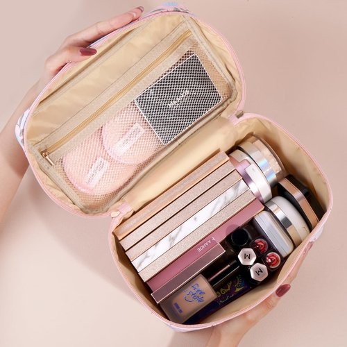 MAANGE Travel Makeup Bag, Cosmetic Bag, Portable Large Capacity Makeup Case, Make Up Organizer For Women, Oxford Cloth Toiletry Bag With Handle (Pink Plants)