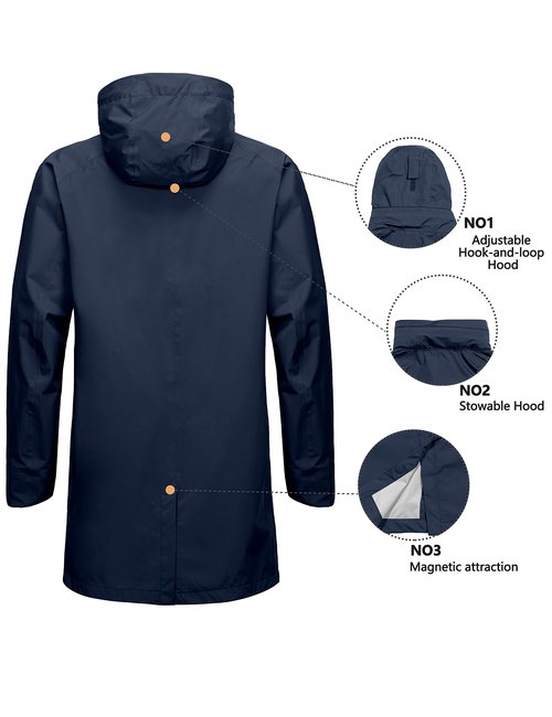 Little Donkey Andy Men's Waterproof Rain Jacket Outdoor Lightweight Rain Shell Mountain Windbreaker Long Coat for Hiking,Golf,Travel Dark Blue XXL