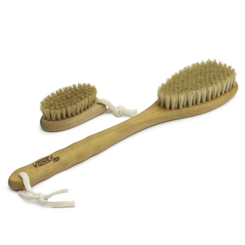 KONEX Bath Brush Set, Exfoliating Shower Scrubber, Dry Brushing Body Brush Set, Pore Opening, Beechwood Handle with Natural Bristle Large 15" Plus Small Face Brush