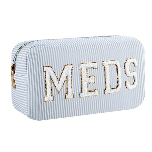 uekeboag Seersucker Chenille Letter Stuff Meds RX Makeup Bag, Travel Washable Purse Organizer with Zipper, Lightweight Toiletry Cute Personalized Preppy Cosmetic Bag For Women and Girls(03Blue Meds)