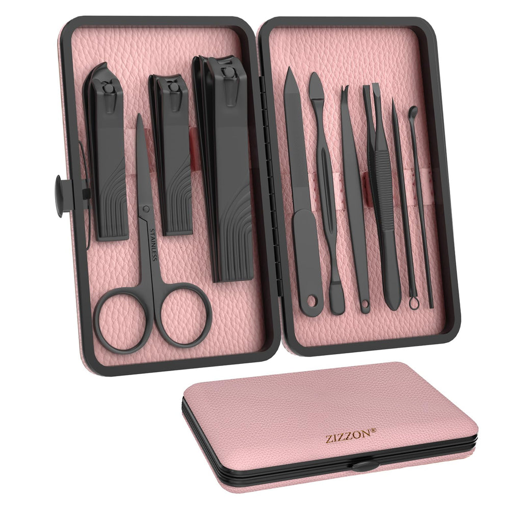 ZIZZON Travel Mini Manicure Set Nail Clipper Set 10 in 1 Stainless Steel Pedicure Care Grooming kit with Case (Black/Pink)
