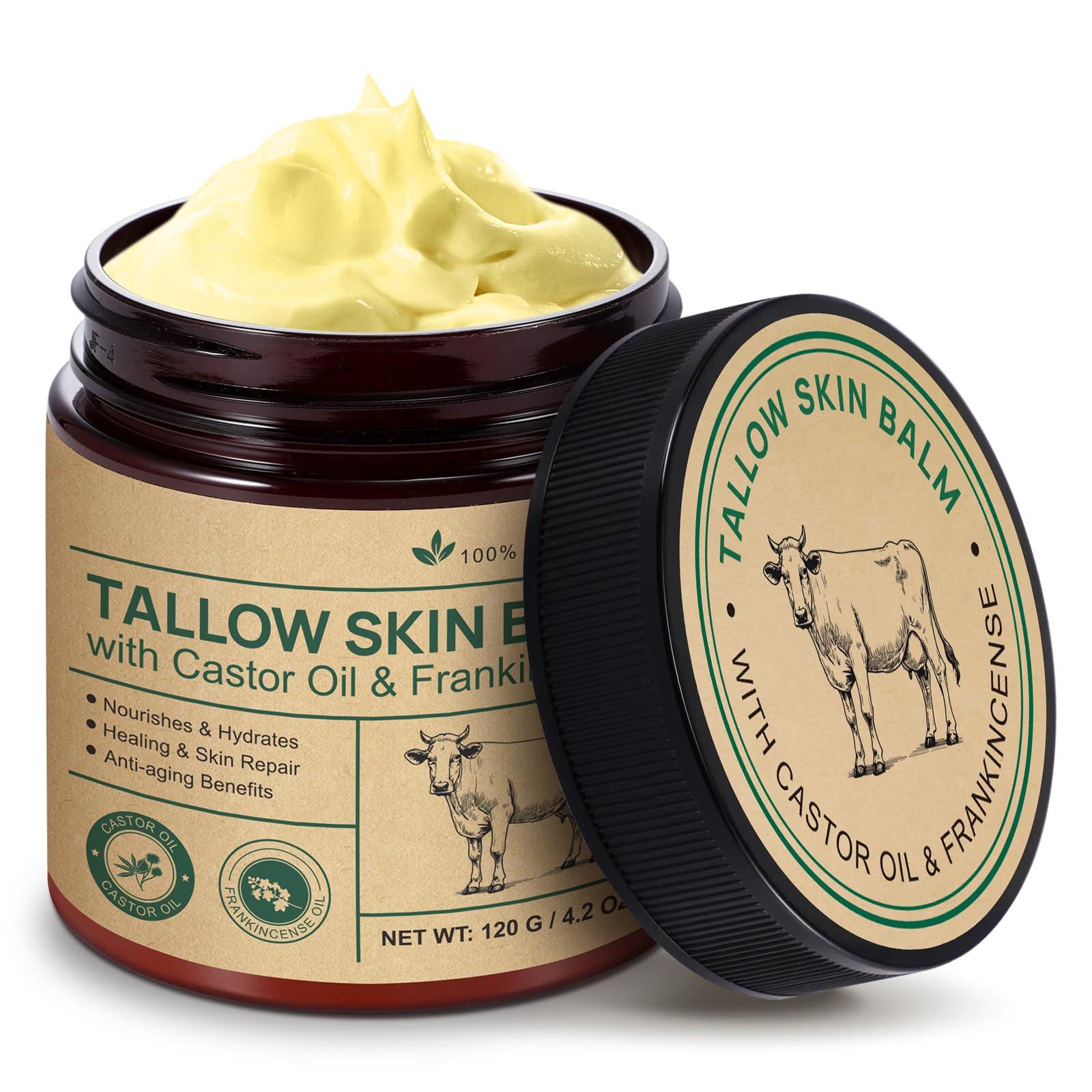 ZIXBMHYJ Tallow Balm With Castor Oil and Frankincense Skin Balm, Beef Tallow Moisturizer, Frankincense Oil for Skin, 100% Grass-Fed, Nourish & Repairing Dry Skin, Face & Body Cream
