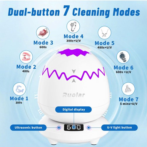 Ultrasonic Retainer Cleaner Machine for Dentures | 45kHz Dental Cleaning Pod for Aligner, Nightguard, Braces, Jewelry, Watch, 3 Timer Modes - with Cooling Fan & Removable Base (Light Purple)