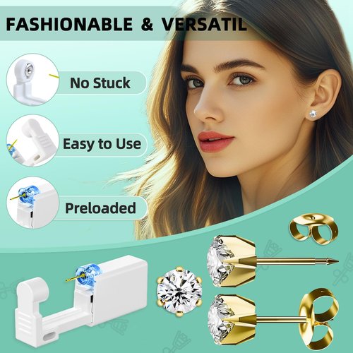 Nunpag 12 Pcs Ear Piercing Kit Disposable Ear Piercing Gun Kit with 4 Pcs 6 Prong Setting Cubic Zirconia Earrings Stud 316L Stainless Steel Easy to Use at Home Self Ear Piercer Gun Kit Tool