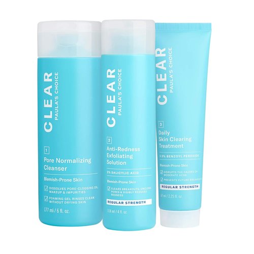 Paula's Choice CLEAR Acne Treatment Kit - Daily Cleanser, 2% Salicylic Acid & Benzoyl Peroxide | Fragrance-Free Set of 3