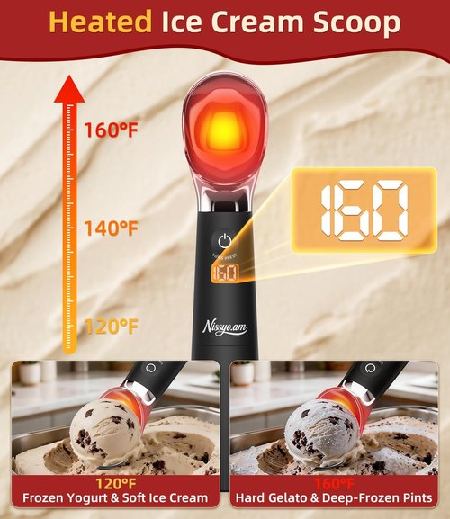 Skiennix Heated Ice Cream Scoop - Rechargeable Electric Scooper with Drip-Proof Stand & 3 Heating Levels