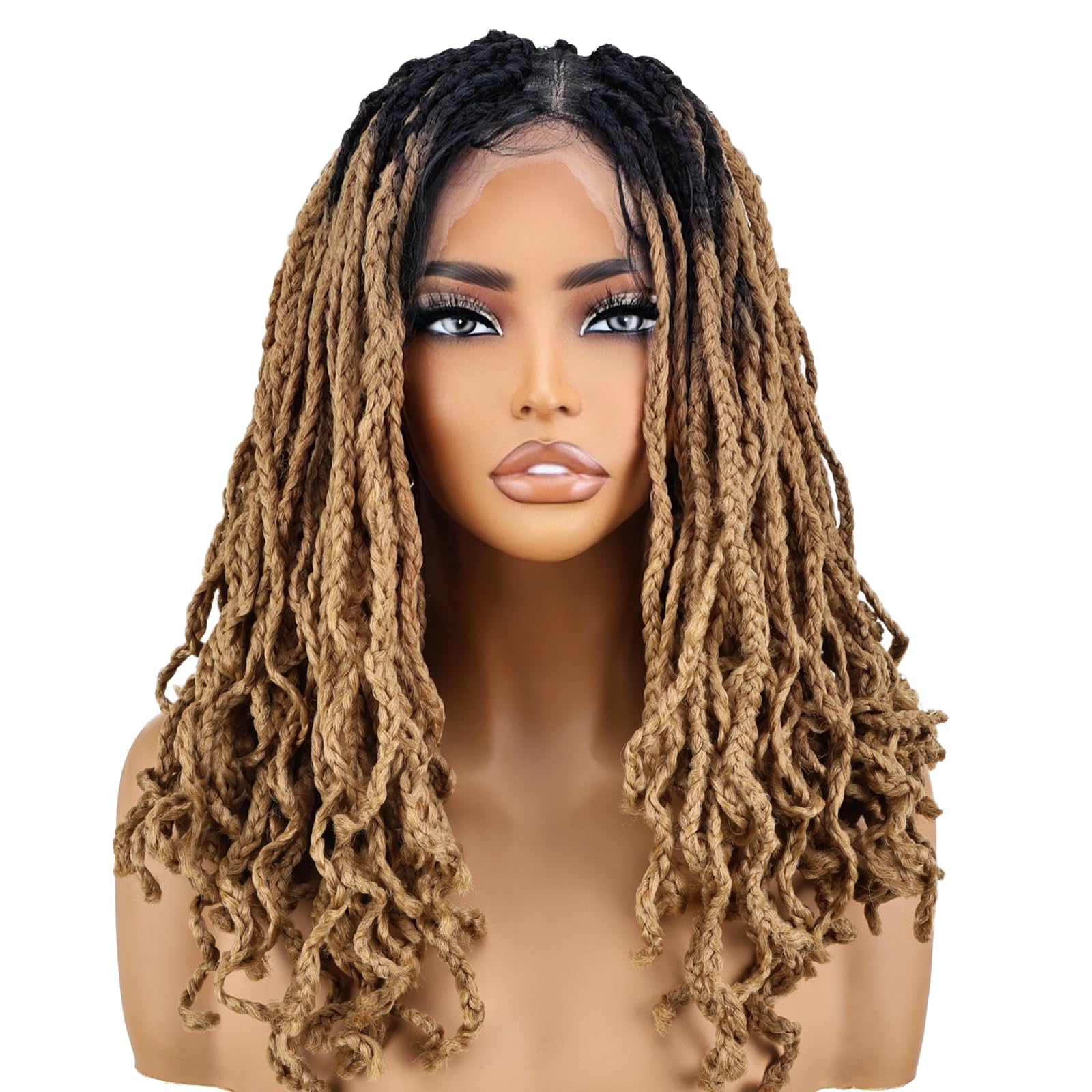 YOKABOOM Ombre Honey Blonde Braided Wigs Full Lace with Baby Hair Box Braids Wig for Black Women with Babyhair 360 Double Lace Natural Wavy Pre Braided with Square Design Black Root 16 inch