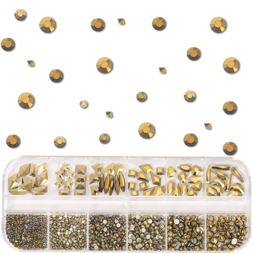 HNUIX Mine Golden Nail Rhinestones Kit Flatback Crystal Metallic Gold Gems Stones 1450Pcs Nail Art Gems Diamonds Jewels Multi Shapes Sizes Nail Charms Tweezer & Wax Pen for Nails DIY Faces Eyes Makeup