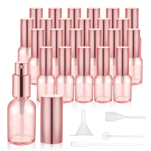 RAMFIYN 24 pack 10ml Pink Glass Spray Bottles Refillable Empty Perfume Pump Sprayer Mini Fine Mist Atomizer with Rose Gold Lid for Body Essential Oils