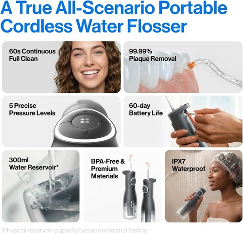 Usmile C30 Cordless Water Flosser - 300ml Tank, 5 Pressure Levels, S-Shaped Nozzles | Portable & Waterproof (Black)