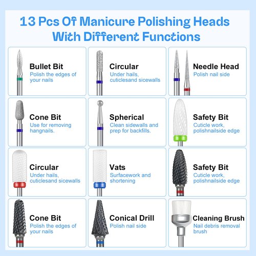 13pc nail drill bits set for nailsefile - includes tungsten carbide, ceramic & cuticle drill bits with brush (3/32 inch)