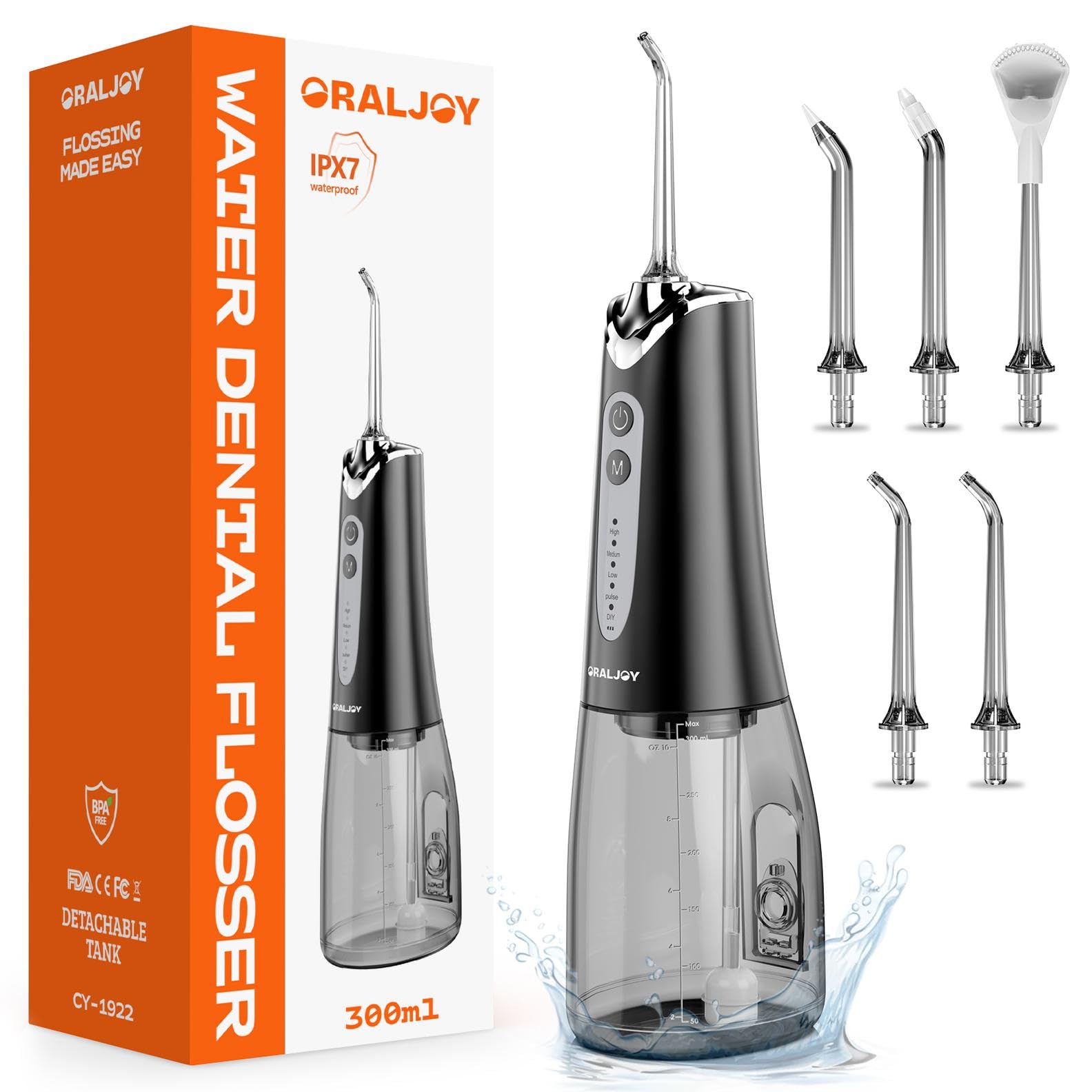 Water Dental Flosser Pick for Teeth - 300ML Portable Cordless Oral Irrigator, Rechargeable Irrigation Cleaner Professional Electric Flossing Machine for Teeth Cleaning Power Flosser Travel (Black)