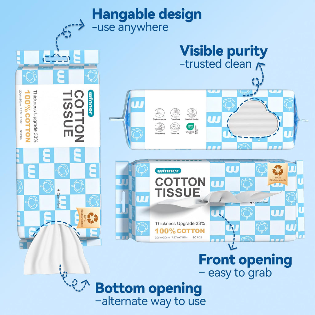 Winner Soft Face Towels, Upgraded Thicker 100% USDA Biobased Facial Towels with Hangable Design, Unscented and Gentle on Sensitive Skin, Disposable Facial Towelettes (240 Count, Pack of 3)