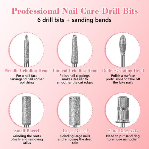 2Pack Nail Drill bits Set,Professional Nail Art Tools Set for Acrylic Art,with 6 pcs Sanding Bands for Manicure & Pedicure Crystal Nail Files,Perfect for Nail Salons & Beauty (2Pack)