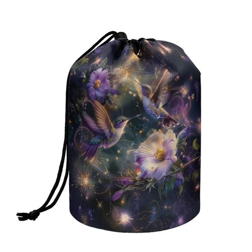 Poceacles Hummingbird Flower Violet Cosmetic Bag for Women, Portable Drawstring Makeup Bag Collapsible Toiletry Barrel Bag Organizer Cosmetic Storage Pocket